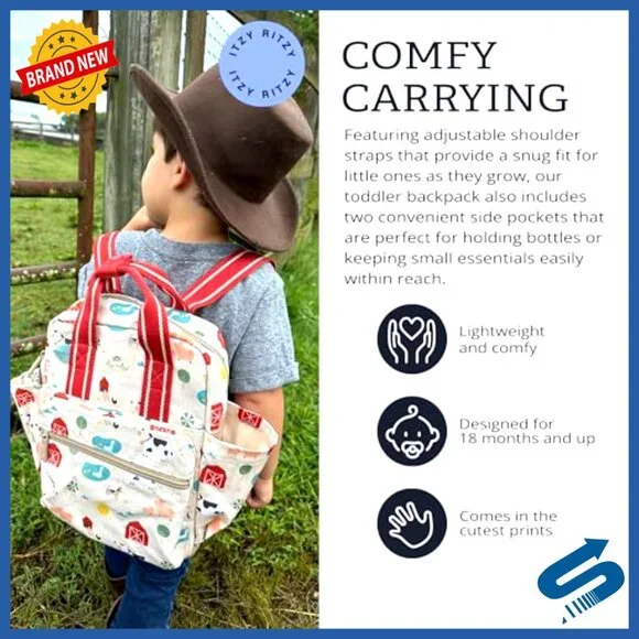 Toddler Backpack Daycare Bag Adjustable Straps Wipeable Lining Side Pockets